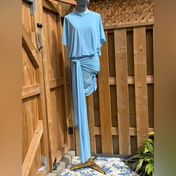 🆕 RAT & BOA 🧿 NWOT Freja Slinky Baby Blue Tie-Waist T-Shirt Mini Dress, Sz XXS - Picture 3 of 14
